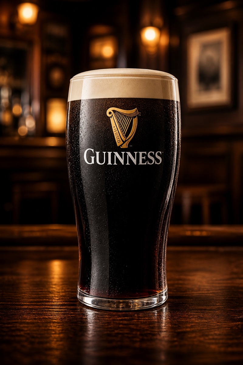 A properly served pint of Guinness in branded glassware