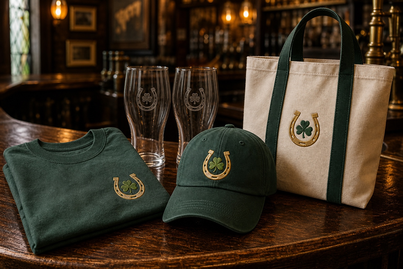 The Irish Cowboy heritage T-shirt, cap, etched pint glasses and canvas tote displayed on a warm timber pub bar